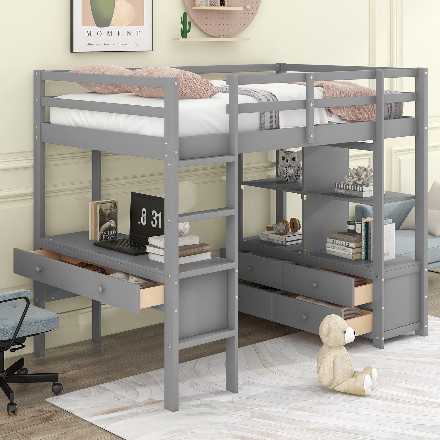 Harper & Bright Designs Twin Size Loft Bed with Desk and Storage, Wood High Loft Bed Frame with Shelves, Multifunctional Loft Bed Twin for Kids Teens Adults (Grey) - WoodArtSupply