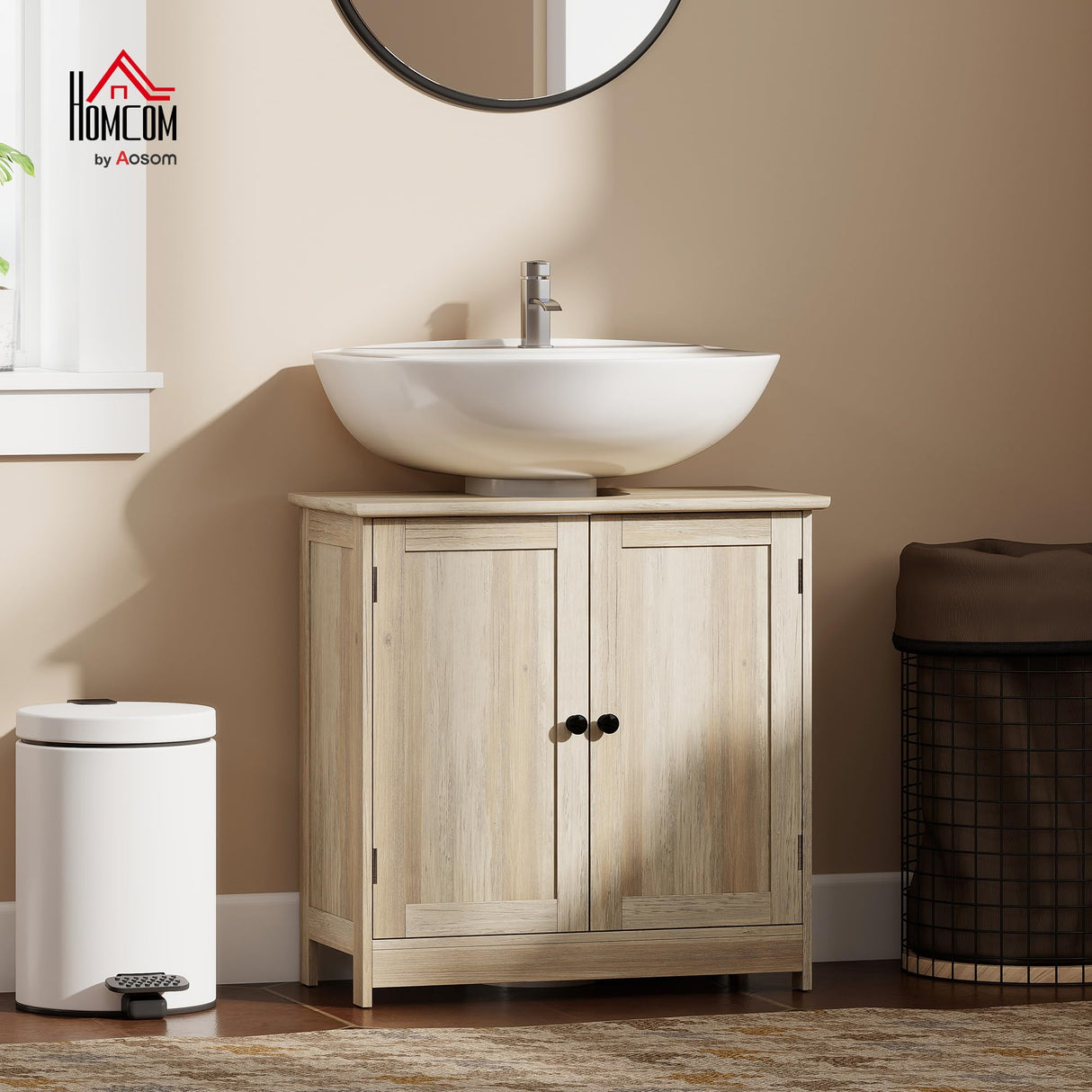 HOMCOM Under Sink Bathroom Cabinet, Pedestal Sink Storage Cabinet with 2 Doors, Shelf and U-Shape, Weathered Gray Oak HOMCOM