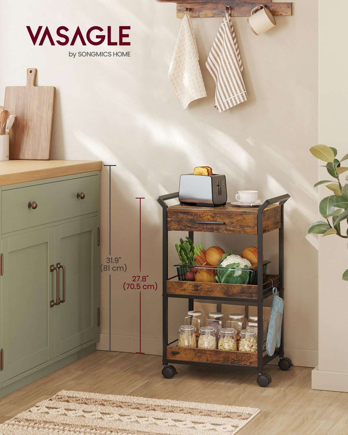 VASAGLE Storage Cart, 3-Tier Rolling Utility Cart with Table Top, Handles, 4 Lockable Casters, Top Drawer, Mesh Shelves, for Kitchen, Bathroom, Bedroom, Rustic Brown and Ink Black ULRC048K01 VASAGLE