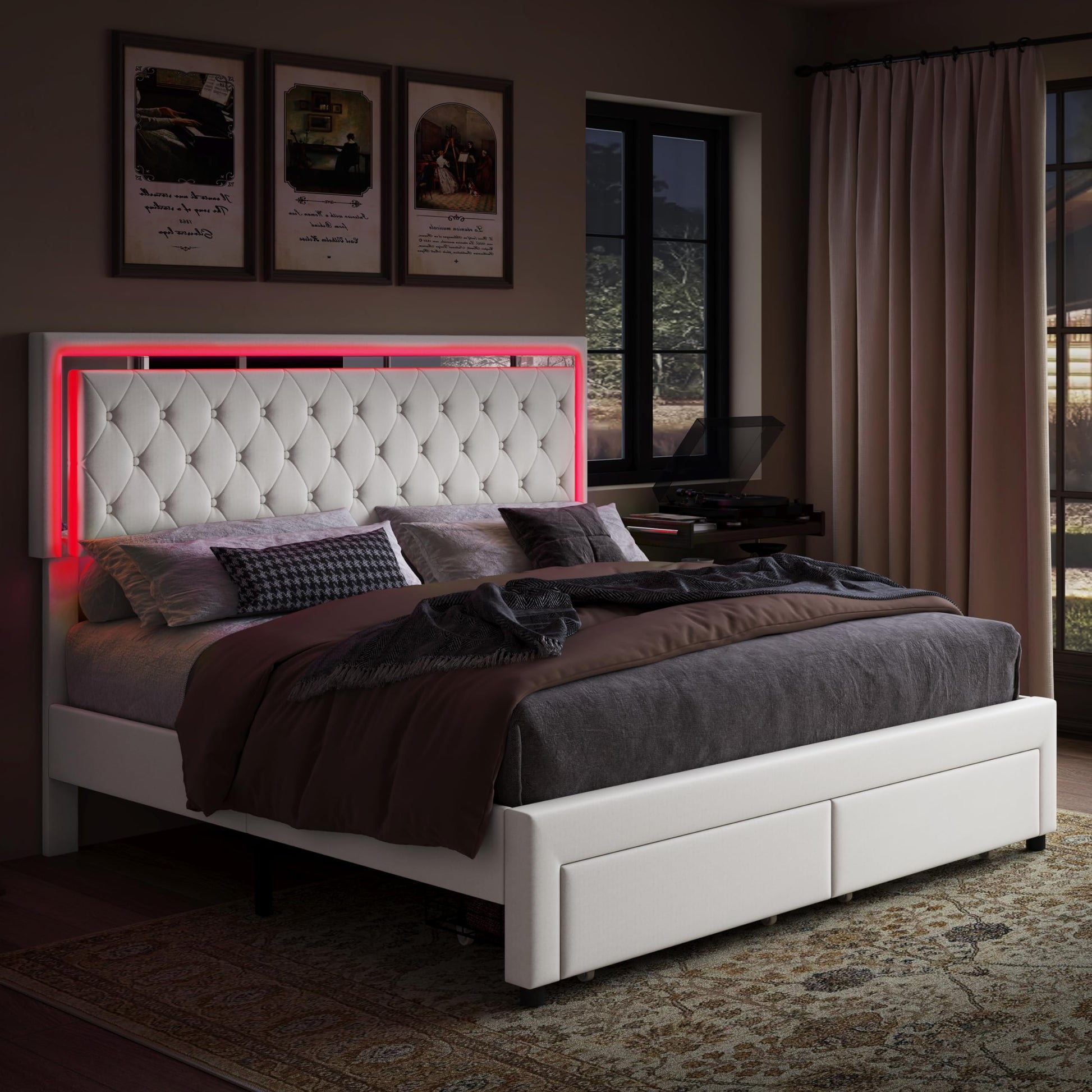 Jocisland Velvet Upholstered Queen Bed Frame with LED Lights and Storage Drawers - WoodArtSupply