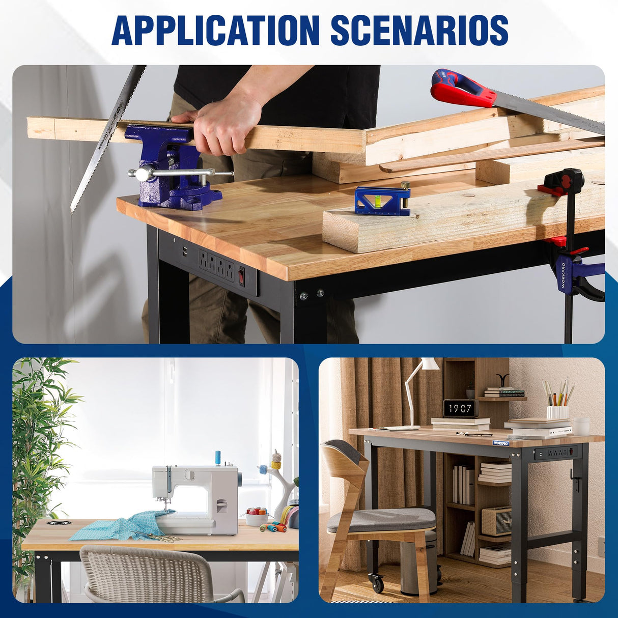 WORKPRO Garage Workbench, 48"X22" Adjustable Workbench with Wheels, Rubber Wood Top Heavy-Duty Workstation with Power Outlets, 1000 LBS Stationary Load Capacity, for Workshop, Garage, Office, Home WORKPRO