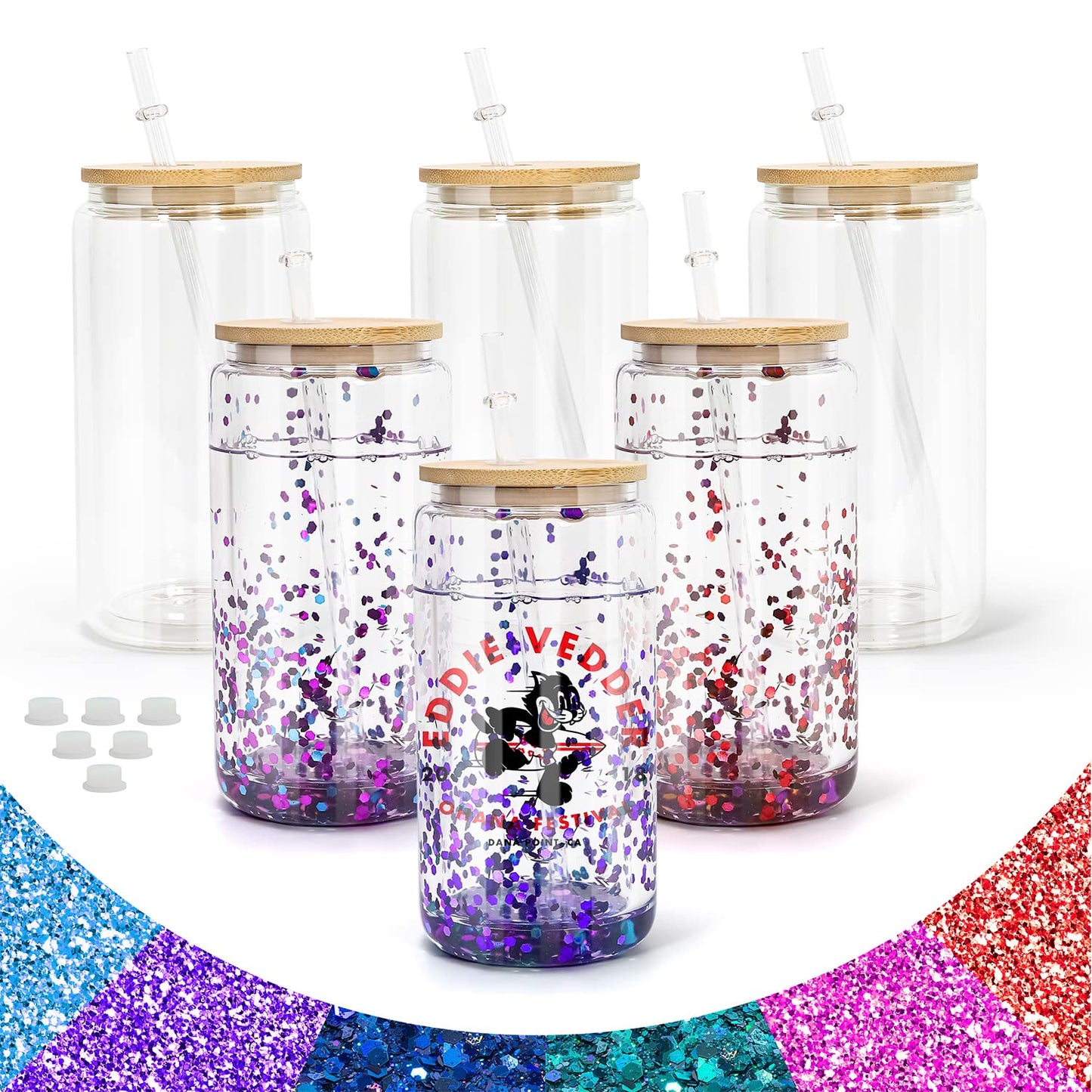 AGH Sublimation Snow Globe Glass Can Blanks 16 oz 6 Pack Sublimation Double Wall Glass Tumbler with Bamboo Lids and Straws Pre-drilled Cups for Snow Globe glitter Clear