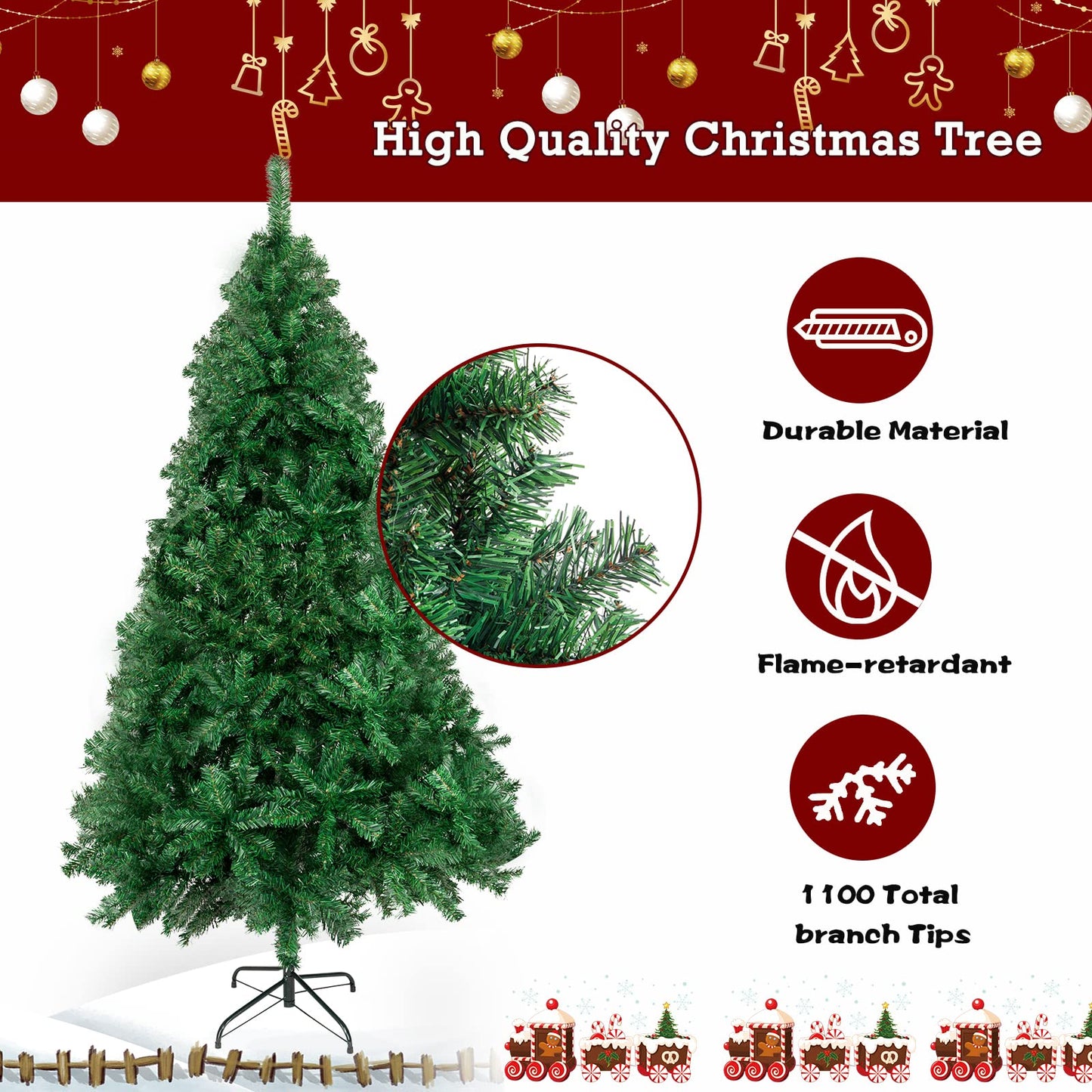 Bonnlo Upgraded Full 7 Feet Unlit Artificial Full 1100 Tips Branches Christmas Pine Tree with Sturdy Metal Legs