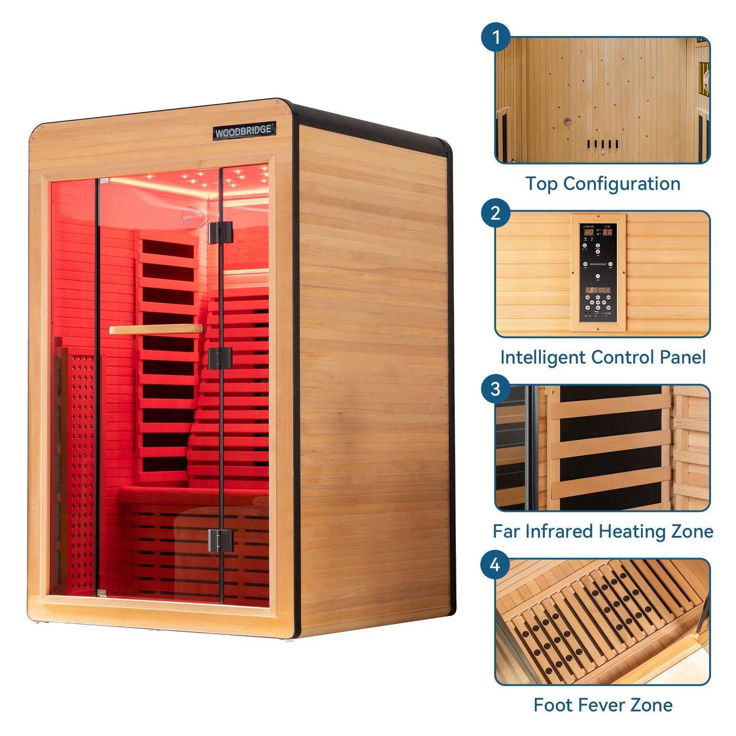 WOODBRIDGE Infrared Home Sauna Room 2 Person Hemlock Wooden Indoor Sauna,7 Carbon 2230W/120V Heaters,with Led Color Therapy Light,Bluetooth Speaker,Tempered Glass,Touch-Tone Keypad and A Top Vent