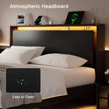 King Size Bed Frame with LED Lights & Charging Station – Wood Floating Bed Frame with Storage Headboard, Adhesive Slats, Kick-Free & Noise-Free Design, Easy Assembly, Black Einhomn