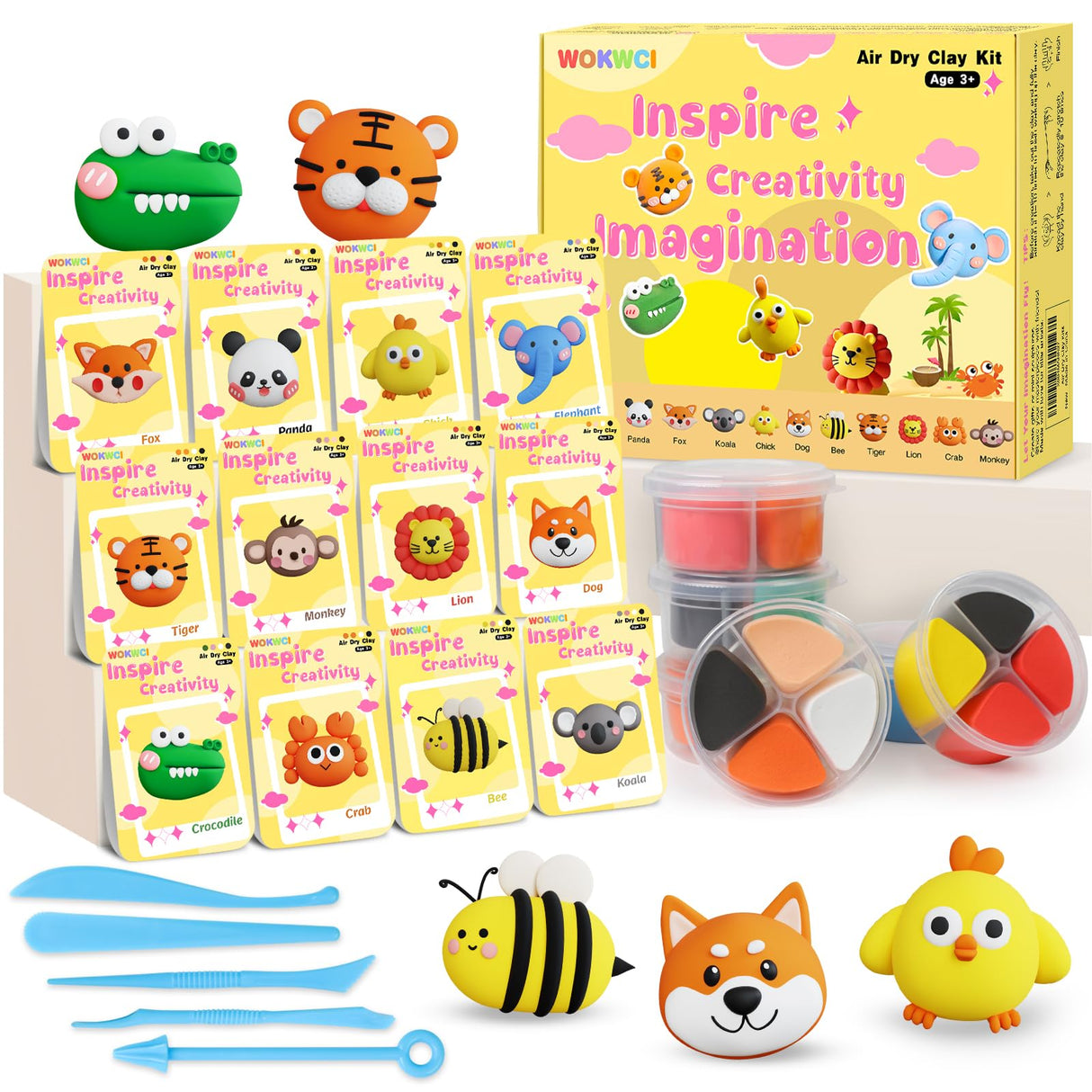 Air Dry Clay Kit for Kids, Modeling Magic Clay for Kids, Ultra Light & Soft, 12 Boxes DIY Animals Model with Step by Step Tutorial and 5 Sculpting Tools, Creative Art Crafts Toys Gifts for Girls Boys WOKWCI