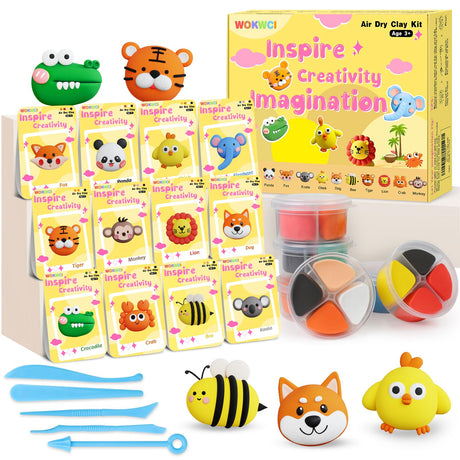 Air Dry Clay Kit for Kids, Modeling Magic Clay for Kids, Ultra Light & Soft, 12 Boxes DIY Animals Model with Step by Step Tutorial and 5 Sculpting Tools, Creative Art Crafts Toys Gifts for Girls Boys WOKWCI