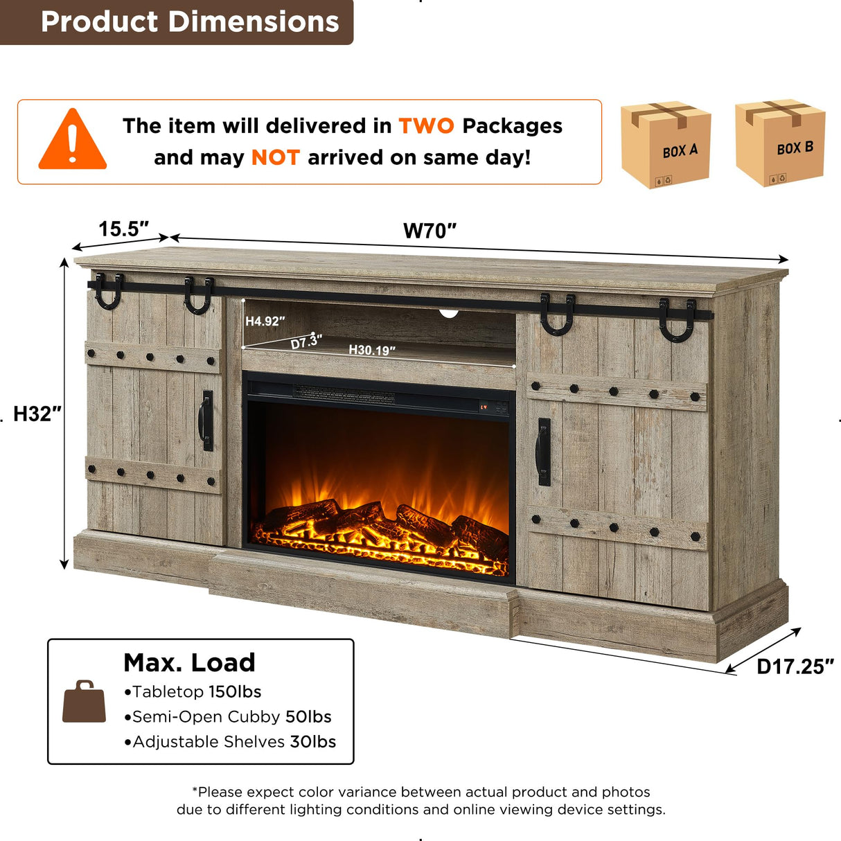 OKD 70" Fireplace TV Stand for 75 80 Inch TV, Farmhouse Highboy Entertainment Center with 30" Electric Fireplace &Sliding Barn Doors, 32" Tall Media Console Cabinet for Living Room, Light Rustic Oak OKD