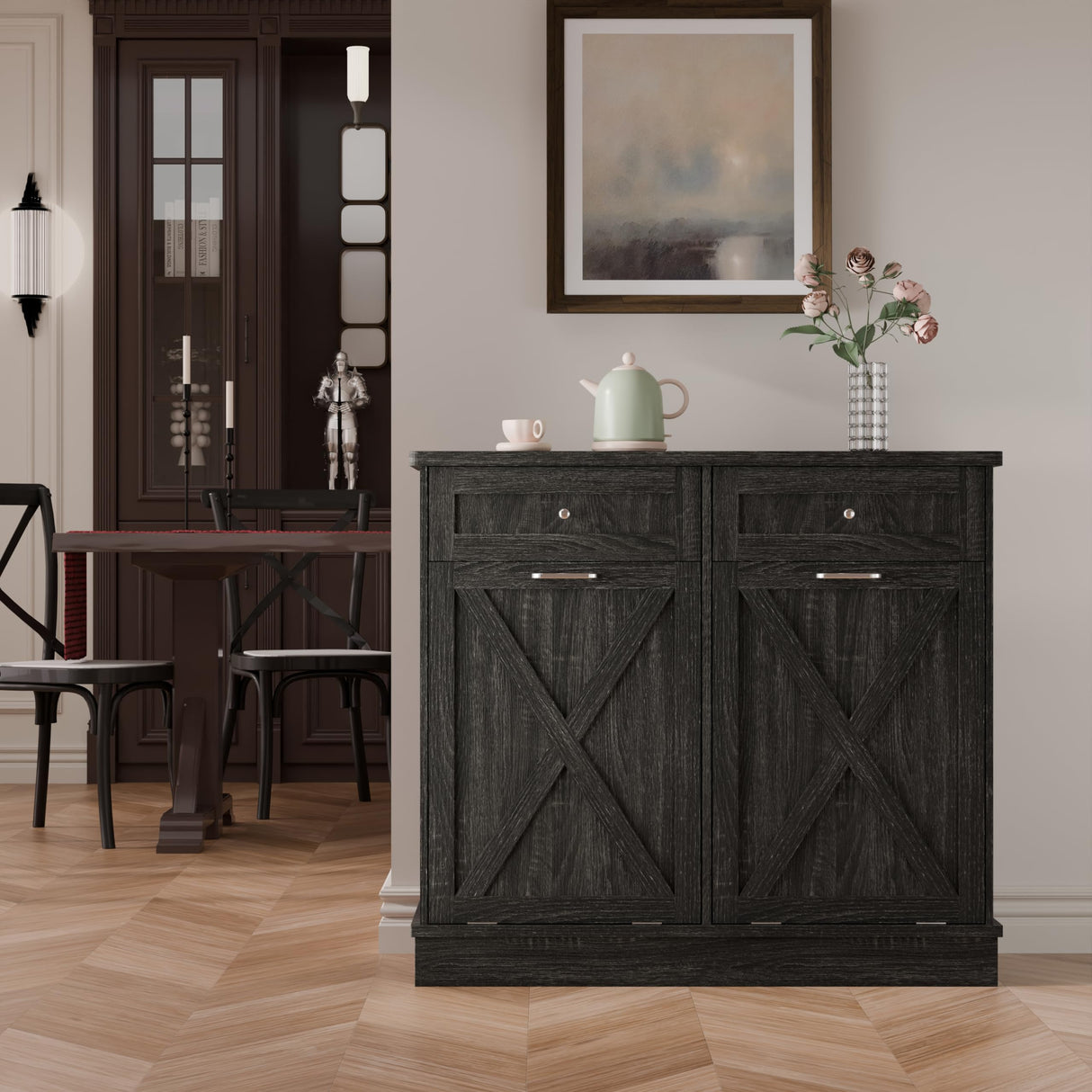 TOLEAD Double Tilt Out Trash Cabinet Free Standing 10 Gallon Wooden Dual Trash Can Cabinet with Barn Door for Farmhouse Kitchen,Living Room, Dining Room, Oak Grey TOLEAD