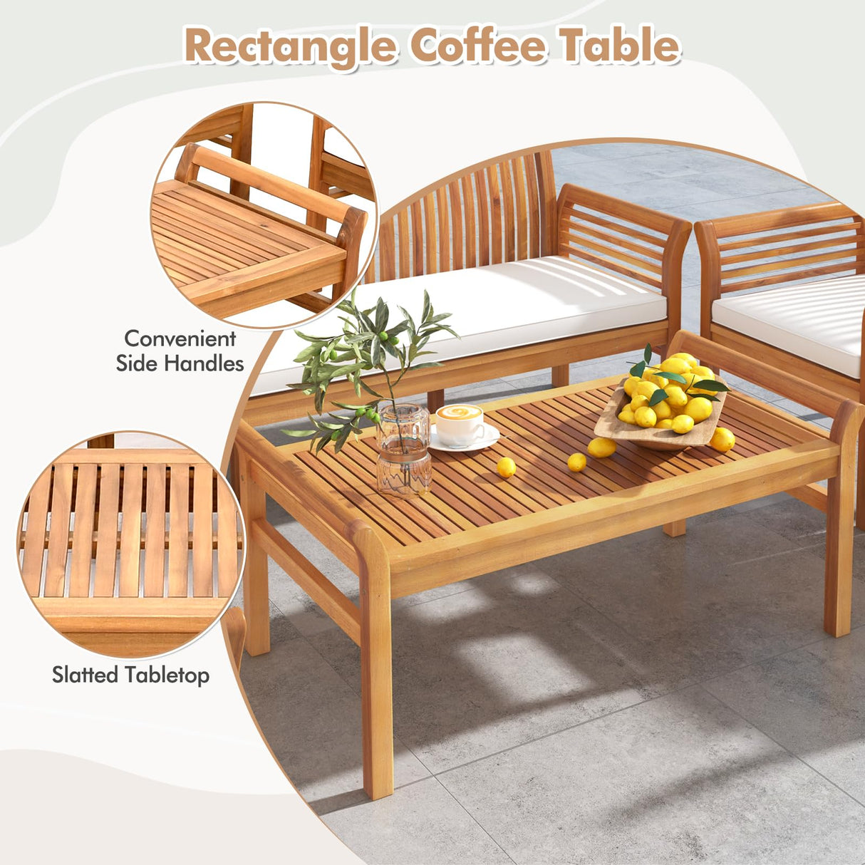 Tangkula 5 Piece Patio Furniture Set, Acacia Wood Conversation Set with 3-Seat Bench, Loveseat, 2 Armchairs & Coffee Table, Cushioned Outdoor Chair Set for Porch, Balcony (Off White) Tangkula