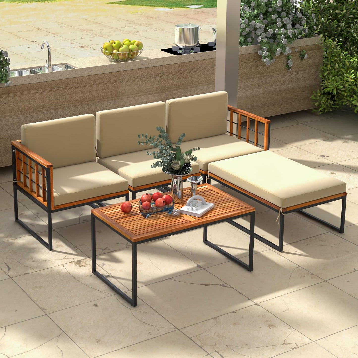 Tangkula 5 Piece Patio Furniture Set, Acacia Wood Sectional Set with Heavy-Duty Metal Frame, Comfy Seat & Back Cushions, Outdoor Wood Conversation Chair Set for Poolside, Porch, Backyard (Bei - WoodArtSupply