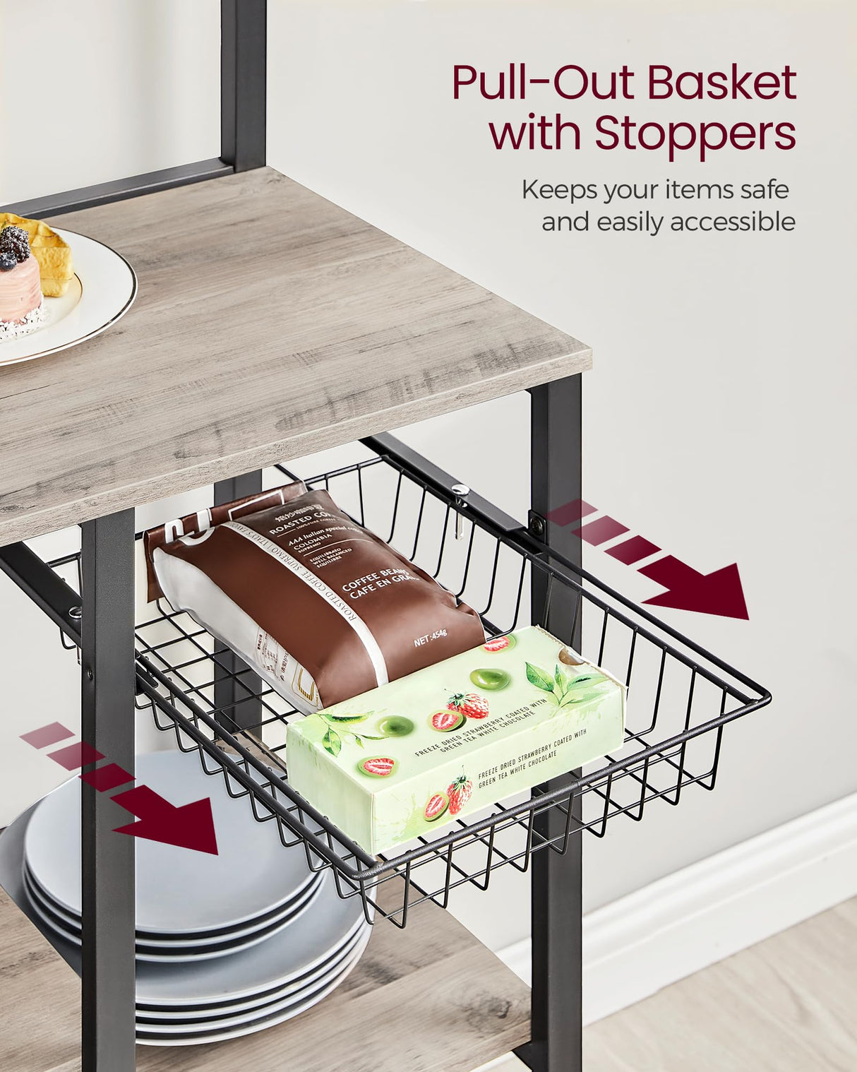 VASAGLE Greige and Black Bakers Rack with Magnetic Knife Holder, Paper Towel Holder, Wire Basket, and 8 Hooks for Organised Kitchen Storage VASAGLE