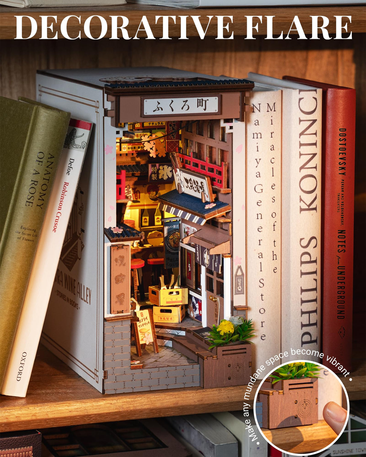 ROBOTIME Book Nook Kit DIY Miniature House Kit for Adults 3D Wooden Puzzle Bookends Bookshelf Diorama Insert Dollhouse Creative Decorative Unique Gifts for Teens and Beginners (Sakura Wine Alley) ROBOTIME