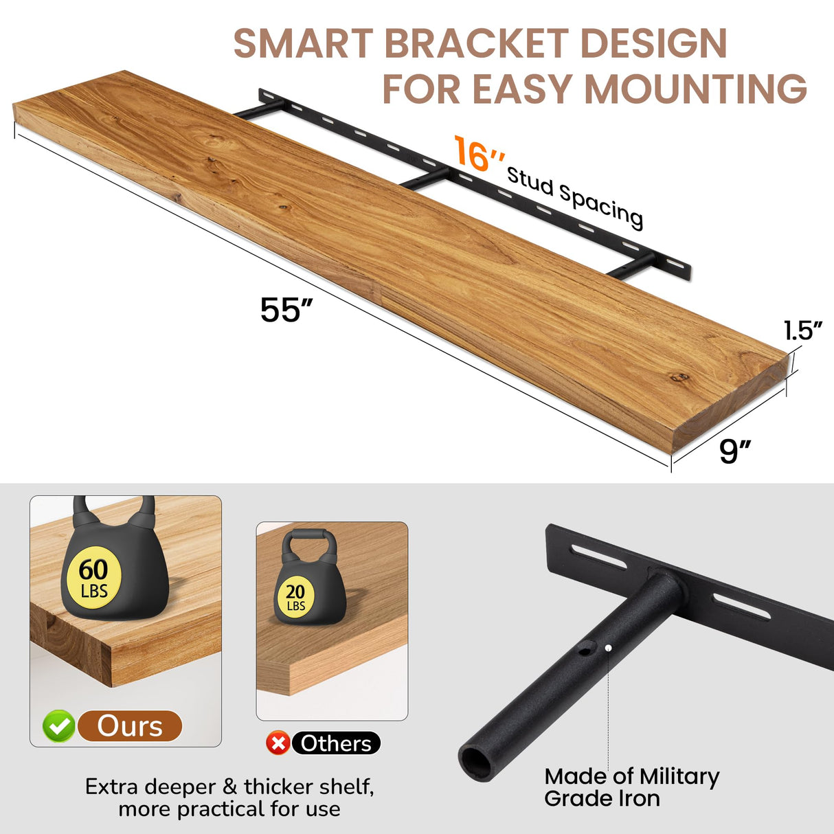 Fun Memories 55 Inch Floating Wood Shelves, 9.3" Deep Solid Elm Fireplace Mantel Shelf, Rustic Wall-Mounted Display Shelves with Invisible Heavy-Duty Metal Bracket, Natural Fun Memories