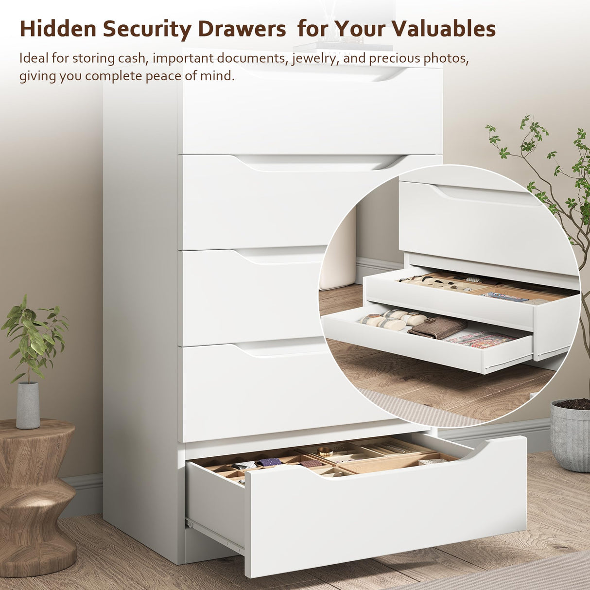 White Tall 5 Drawer Dresser for Bedroom with Hidden Storage Design, Large Modern Closet Dressers & Chests of Drawers with Cut-Out Handles, 27.6" L*15.8" W*45.3" H for Bedroom, Living Room, Nursery Jocoevol