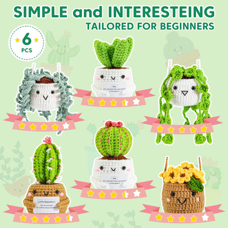 Imcrasy Crochet Kit for Beginners with Step by Step Video Lessons | 6 PC Potted Plants and Succulent Family Crochet Kit with Accessories (40%+ Yarn) Imcrasy