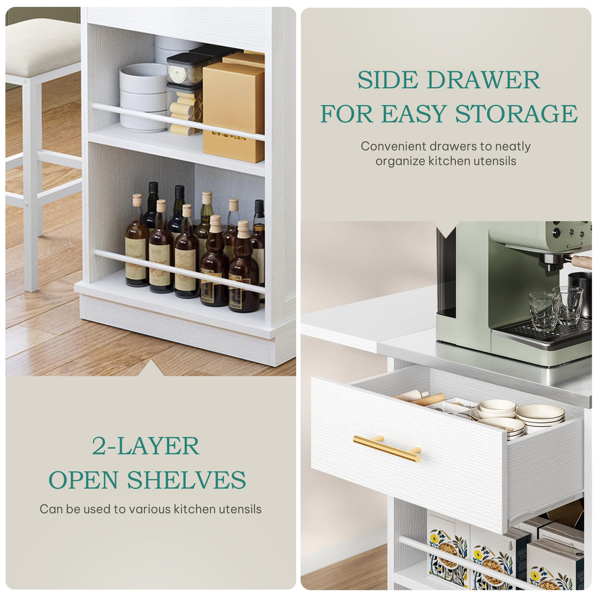 YITAHOME Kitchen Islands with Seating, 47" Mobile Storage Island with Trash Can, Rolling Kitchen Island Cart with Drop Leaf & Stainless Steel Countertop, Bar Table with 2 Stools, Spice Rack, White YITAHOME