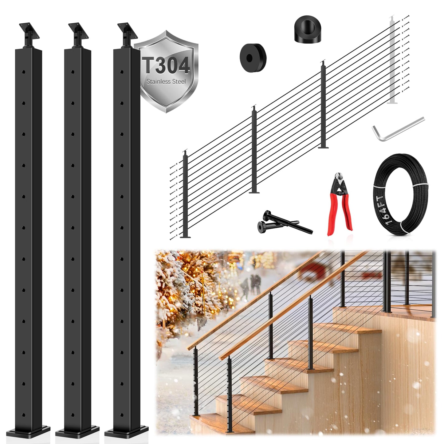 Zylorix 42" One-Stop All Black Cable Railing System Post Kit for Decks(Super Easy DIY), Include 3Pack Stair Posts for 25-35°Stairway, Complete Invisible Cable Railing Kit 1/8" with Cutter(No Handrail)