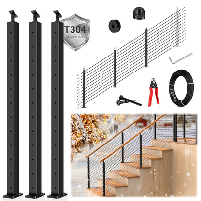 Zylorix 42" One-Stop All Black Cable Railing System Post Kit for Decks(Super Easy DIY), Include 3Pack Stair Posts for 25-35°Stairway, Complete Invisible Cable Railing Kit 1/8" with Cutter(No Handrail)