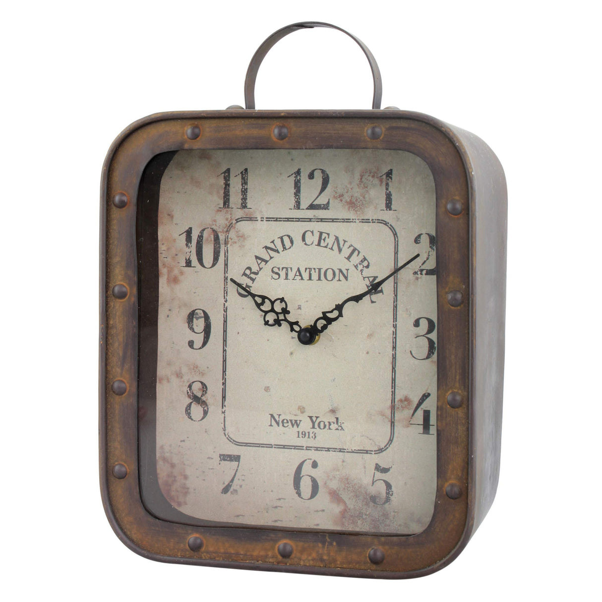 Stonebriar Large Square Rustic Metal Table Top Clock with Handle and Rivet Detail, Industrial Home Decor Accents for the Mantel, Shelf, Desk, or Any Table Top, Battery Operated Stonebriar