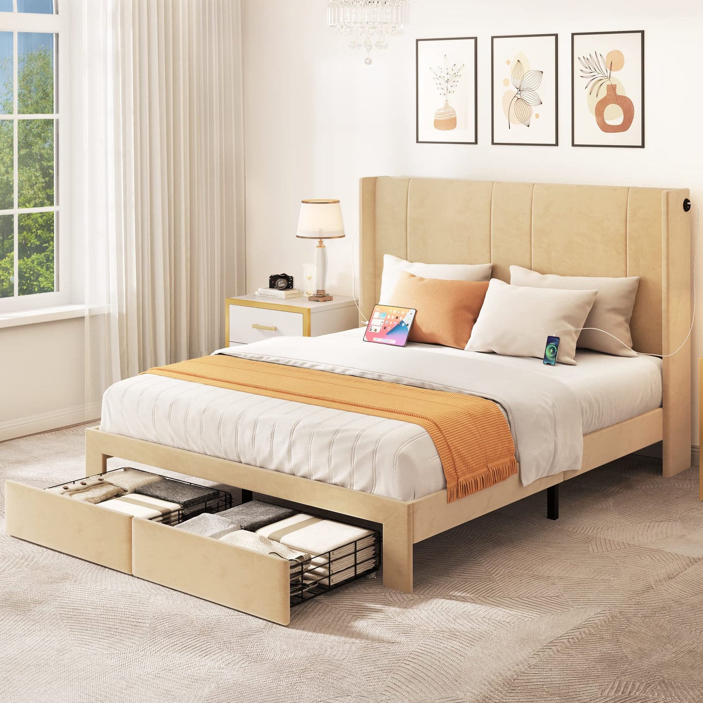 YITAHOME Queen Size Upholstered Platform Bed Frame with Storage Drawers and USB Charging Stations, Beige - WoodArtSupply