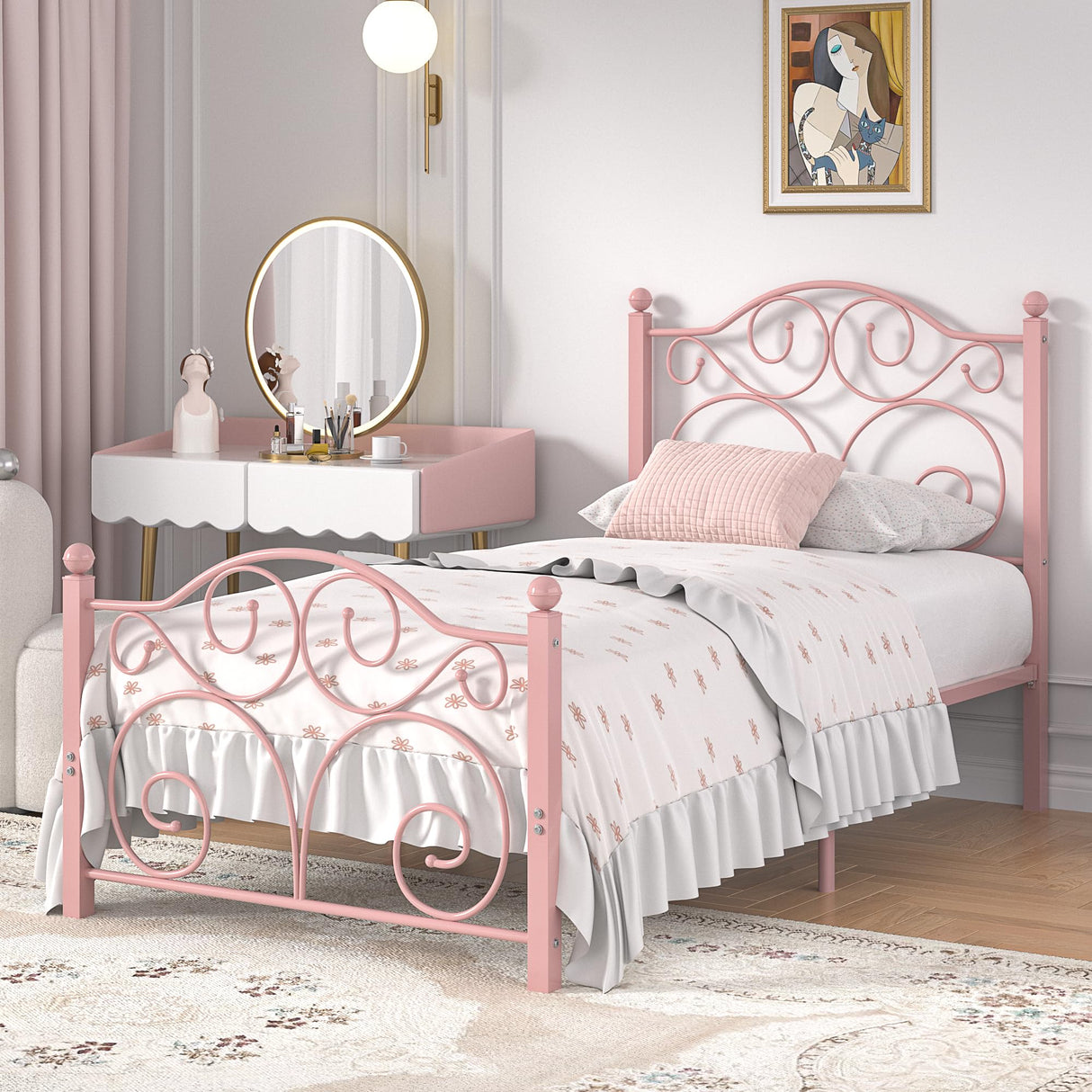 VECELO Twin Size Bed Frame with Headboard and Footboard, Heavy Duty Metal Slat Support, Platform Mattress Foundation, No Box Spring Needed, Easy Assembly, Light Pink VECELO