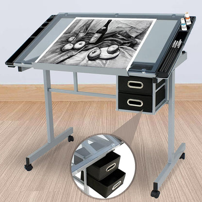 BBBuy Adjustable Drafting Table Drawing Desk Art Craft Station Drafting Desk Glass Tabletop w/2 Slide Drawers and Wheels for Drawing, Sketching, Reading, Painting Home Office