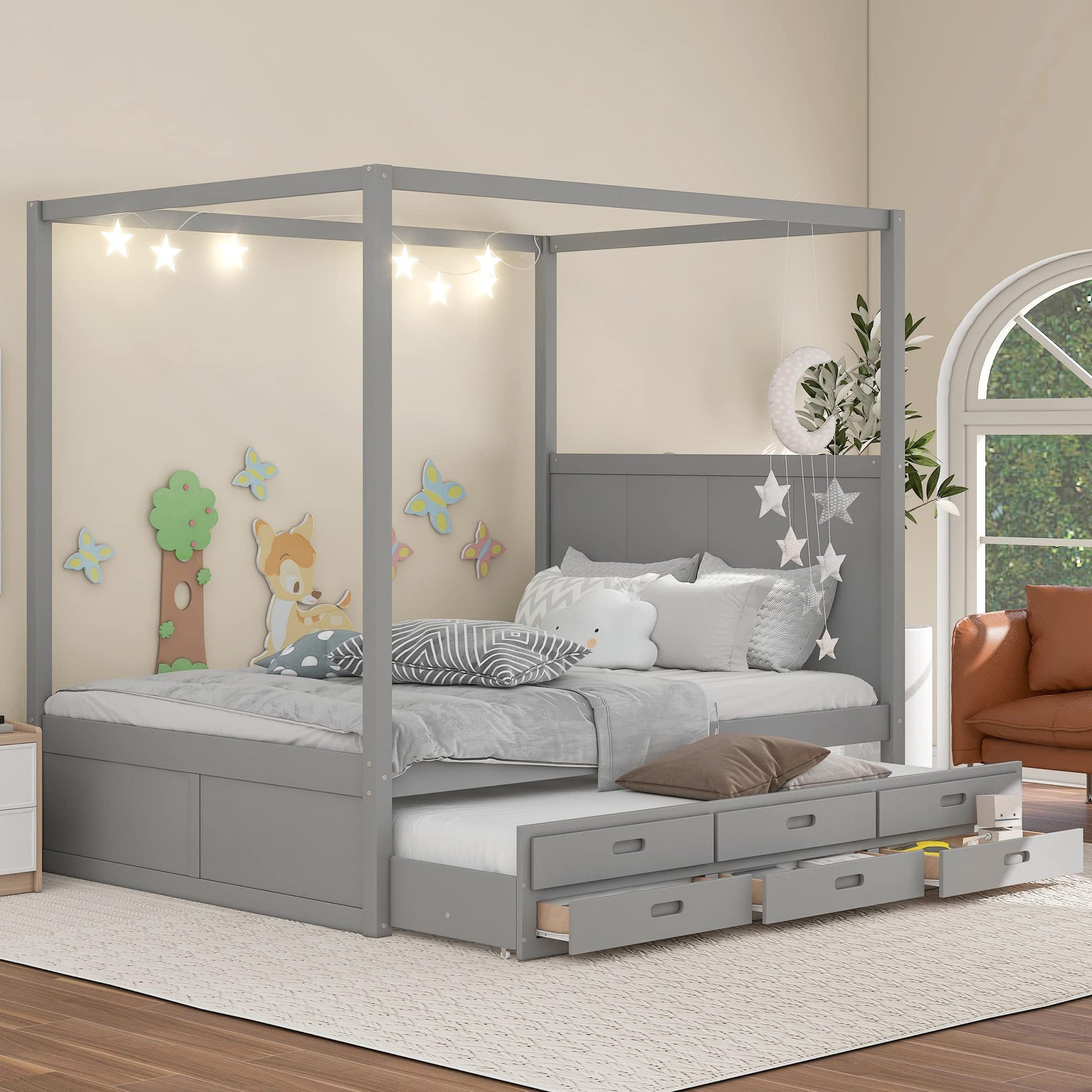 Harper & Bright Designs Grey Queen Canopy Bed with Twin Trundle and 3 Storage Drawers - WoodArtSupply