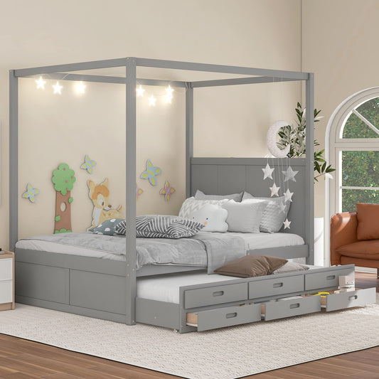 Harper & Bright Designs Queen Canopy Bed with Twin Trundle Wooden 4-Poster Beds with 3 Storage Drawers, Queen Size Bed Frame for Kids Teens Adults (Grey)