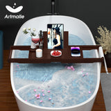 Artmalle Bathtub Tray for Tub, Expandable Bamboo Bath Caddy Tray with Book Stand for Home Spa Relaxing, Foldable Minimalist Bathroom Accessories for Women Men (Simple, Brown) Artmalle