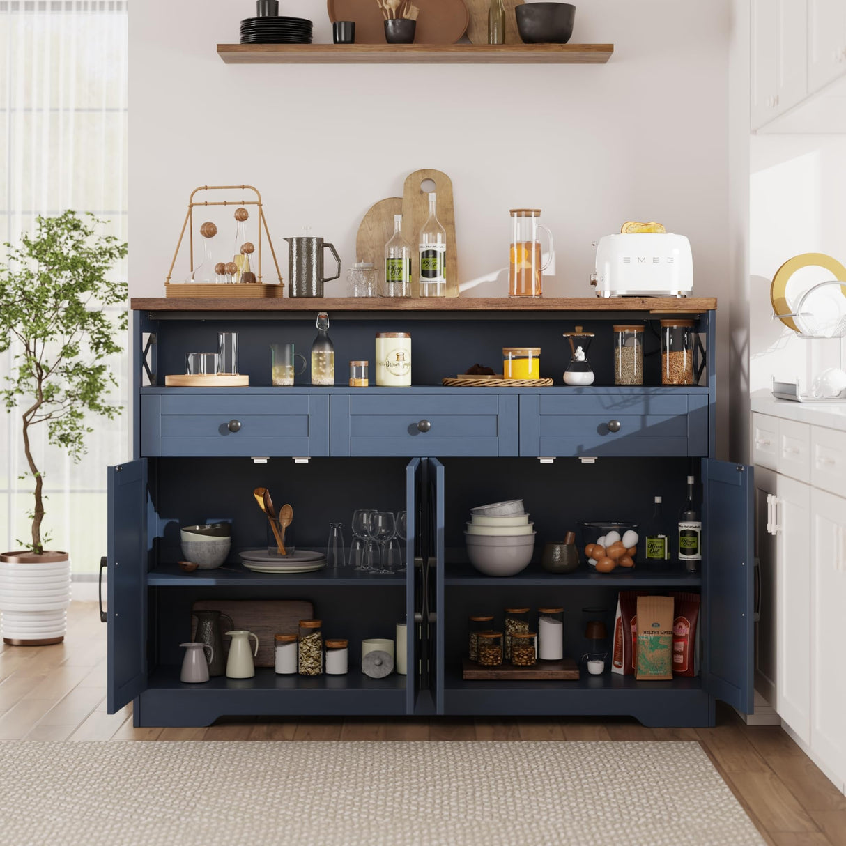 Befrases Farmhouse Buffet Cabinet with Drawers & Open Shelf, Sideboard with Storage, Kitchen Pantry Cabinet Hutch, Coffee Bar Station for Kitchen, Livingroom, 52" L Blue Befrases