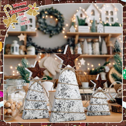 Bucherry 3 Pcs Wooden Christmas Tree Tabletop Decoration Christmas Trees Table Centerpieces Rustic Tiered Tray Decor with Iron Star Hemp Rope for Table Home Decor Xmas Holiday Sign