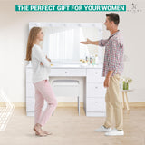 Naomi Home Vera Makeup Vanity with 11 Lights, Vanity Desk with Power Outlet, Makeup Vanity Table with 7 Drawers, Large Mirror, Dressing Vanity Table for Bedroom - White, with Stool Naomi Home