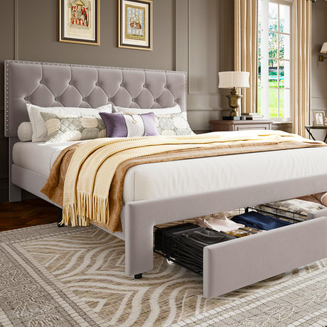 GarveeHome Upholstered Full Size Bed Frame with 2 Storage Drawers, Velvet Platform Bed Frame with Button Tufted Rivets Headboard, Heavy Duty, No Box Spring Needed, Easy Assembly, Beige GarveeHome