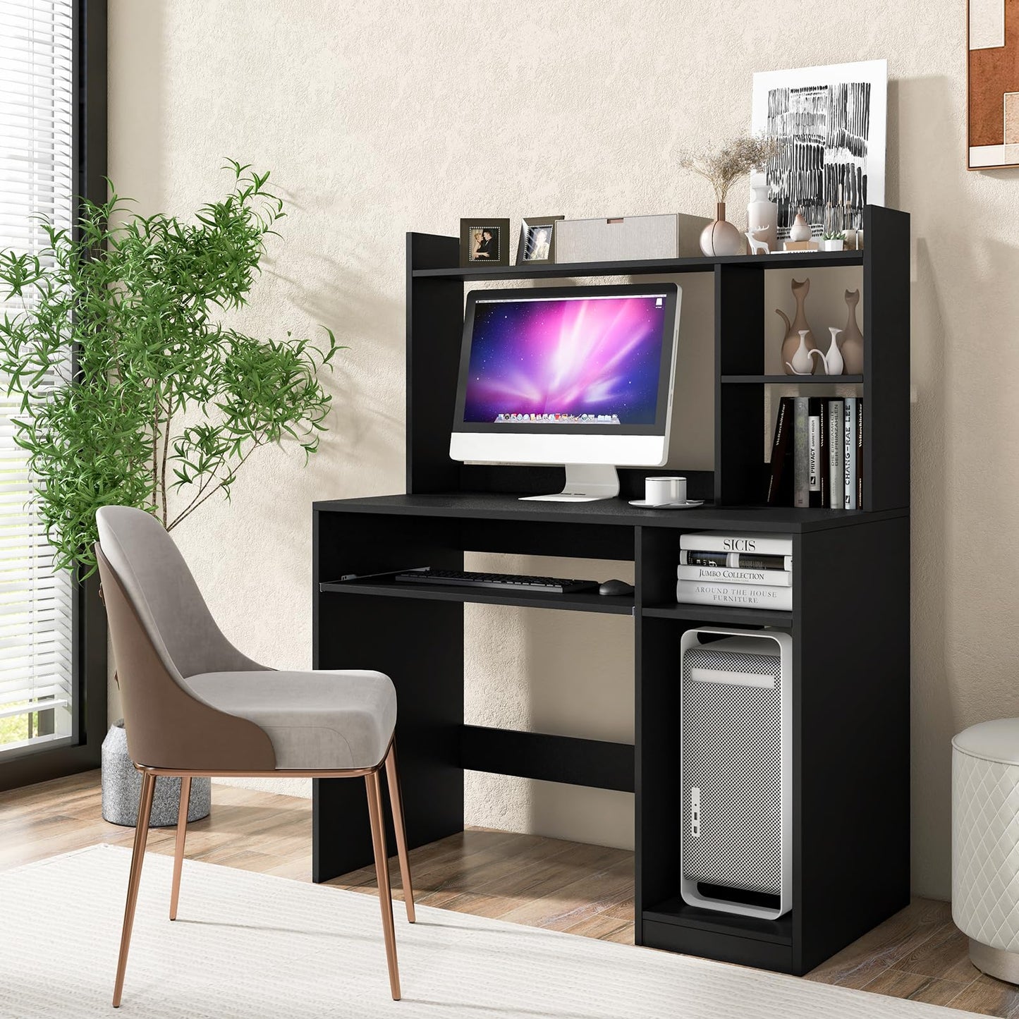 Tangkula Modern Computer Desk with Hutch, Charging Station & Storage Solutions for Home Office - WoodArtSupply