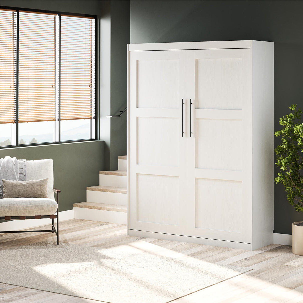 REALROOMS Radiance Queen Size Wood Murphy Bed with Gallery Shelf and LED Lighting, Space-Saving Fold-Out Wall Bed for Bedroom or Guest Room, White REALROOMS