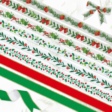 YKW Christmas Ribbon Set - 8 Festive Patterns, 24 Yards Total - 3/8" Wide Holiday Ribbon for Gift Wrapping, Tree Decorations, Crafts -Threaded Ribbon for Xmas Decor, DIY Projects YKW