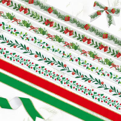 YKW Christmas Ribbon Set - 8 Festive Patterns, 24 Yards Total - 3/8" Wide Holiday Ribbon for Gift Wrapping, Tree Decorations, Crafts -Threaded Ribbon for Xmas Decor, DIY Projects