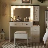 ACCOHOHO Farmhouse Vanity Desk with Mirror and Lights, 43" Wide Makeup Vanity with Glass Tabletop and Charging Station, Modern Vanity Table Set with Storage and Stool for Bedroom, Off White ACCOHOHO