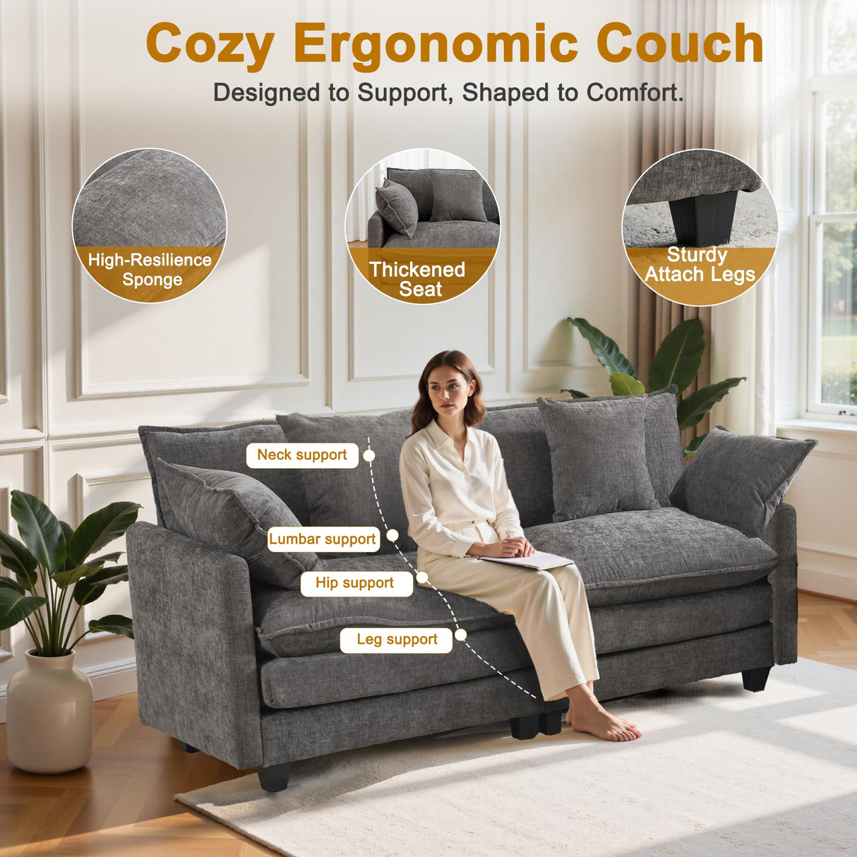 77" Cloud Chenille Sofa Set with Pillows, Deep Seat Loveseat Couch for Apartments, Space Saving 2-Seater with Solid Wood Frame, Easy Assembly (1YR Guarantee) MUDANT