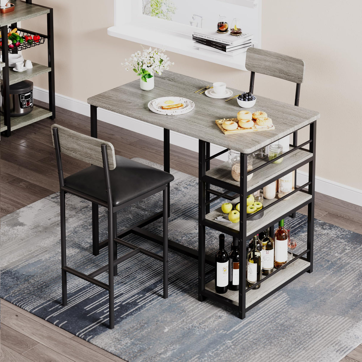 IDEALHOUSE Retro Grey 3-Piece Counter Height Dining Table Set for 2 with Upholstered Bar Stools IDEALHOUSE