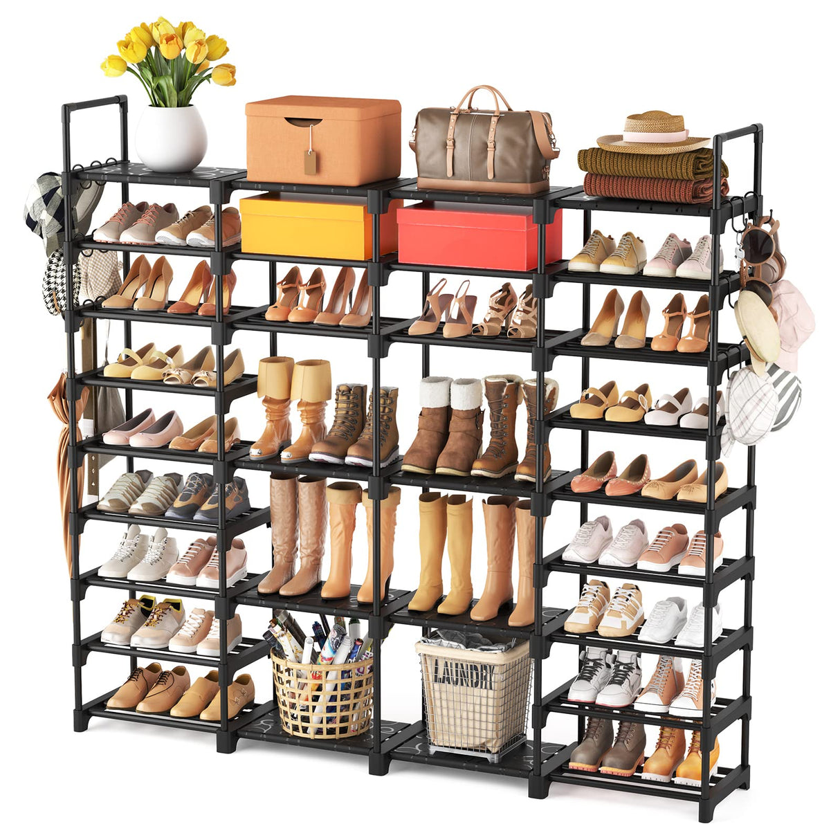 ROJASOP Large Shoe Rack Organizer for Entryway Closet 64-68 Pairs 9-Tier Heavy Duty Tall Garage Shoe Rack Shoe Shelf Shoes Storage with 18 Pcs Removable Side Hooks for Bedroom and Garage Black ROJASOP