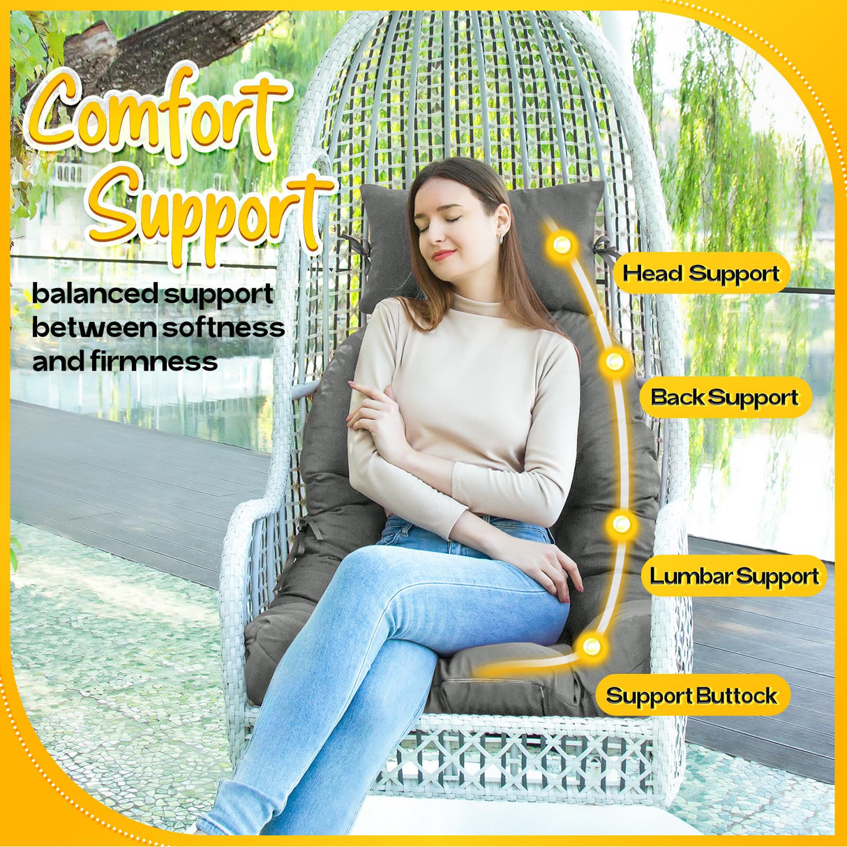 MAGIC ELEPHANT Egg Chair Cushion, Memory Foam Hanging Egg Chair Cushion Replacement, Indoor Outdoor Hammock Basket Swing Cushion with Headrest (Grey) MAGIC ELEPHANT