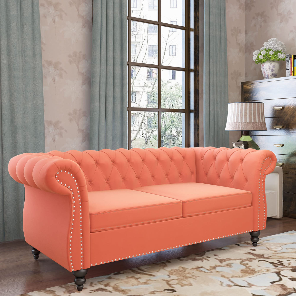 QHITTY Accent Sofa, Chesterfield Loveseat Modern Velvet Couch Upholstered Sofa with Tufted Back for Living Room Furniture (Orange) QHITTY