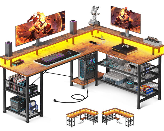 ODK 59" L Shaped Gaming Desk with LED Lights, Power Outlets, and Storage Solutions - WoodArtSupply