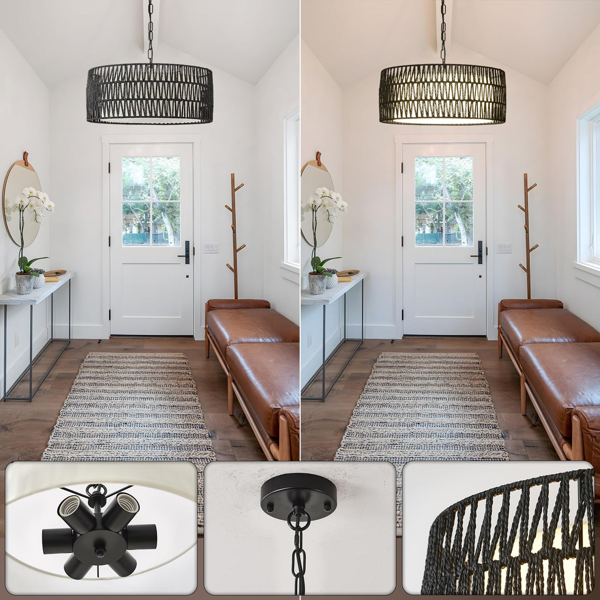 Farmhouse Rattan Chandelier Light Fixture, Black boho Pendant Light Hand Woven Chandeliers for Dining Room with Fabric Shade, Large Wicker Coastal Pendant Light for Kitchen Bedroom Island Hallway JTYP