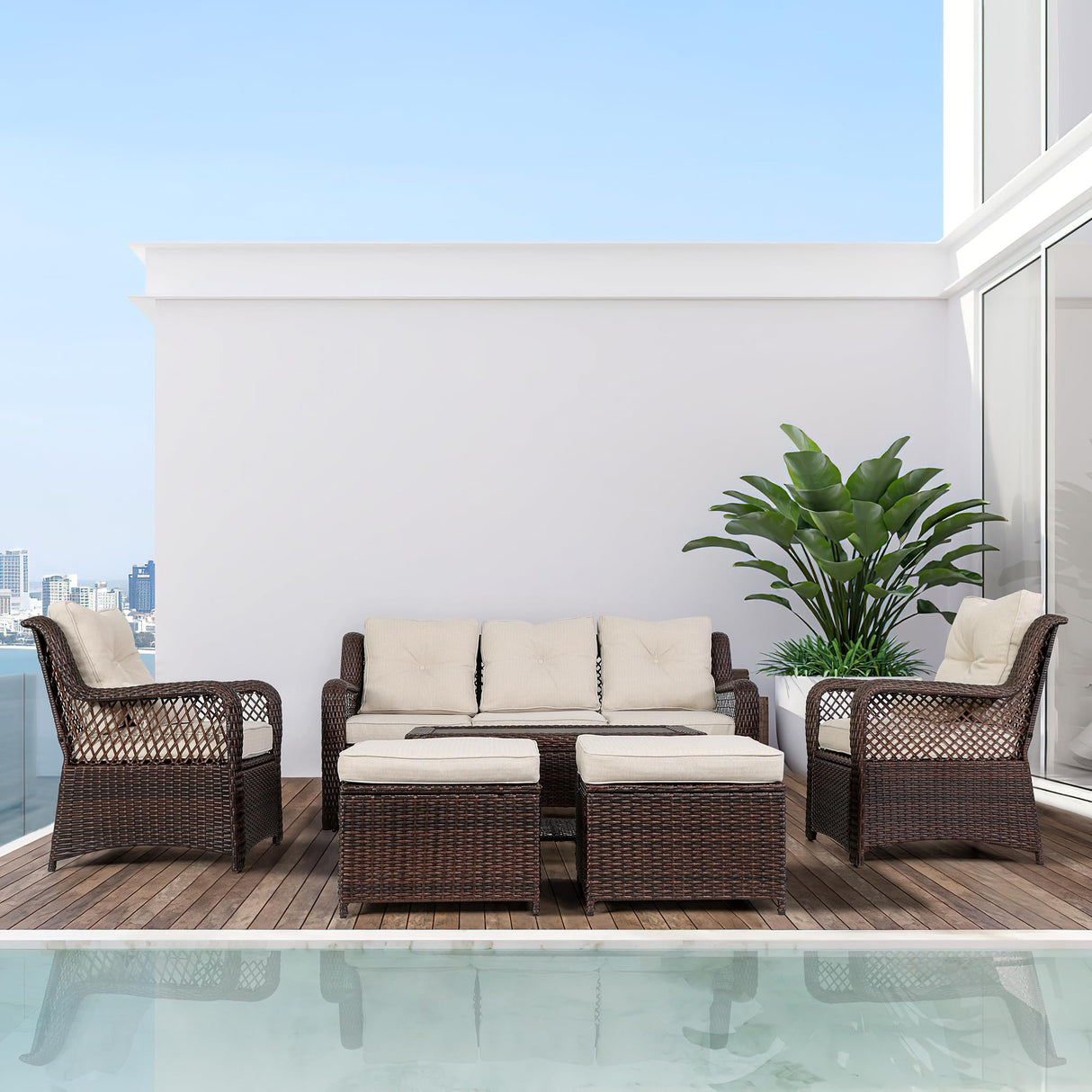 HOMREST 6 Pieces Patio Furniture Set, Wicker Patio Conversation Sets, Outdoor Sectional Rattan Sofa Chairs with Coffee Table, High Back, Ottoman, Cushions for Porch, Deck, Garden, Backyard (Beige) HOMREST