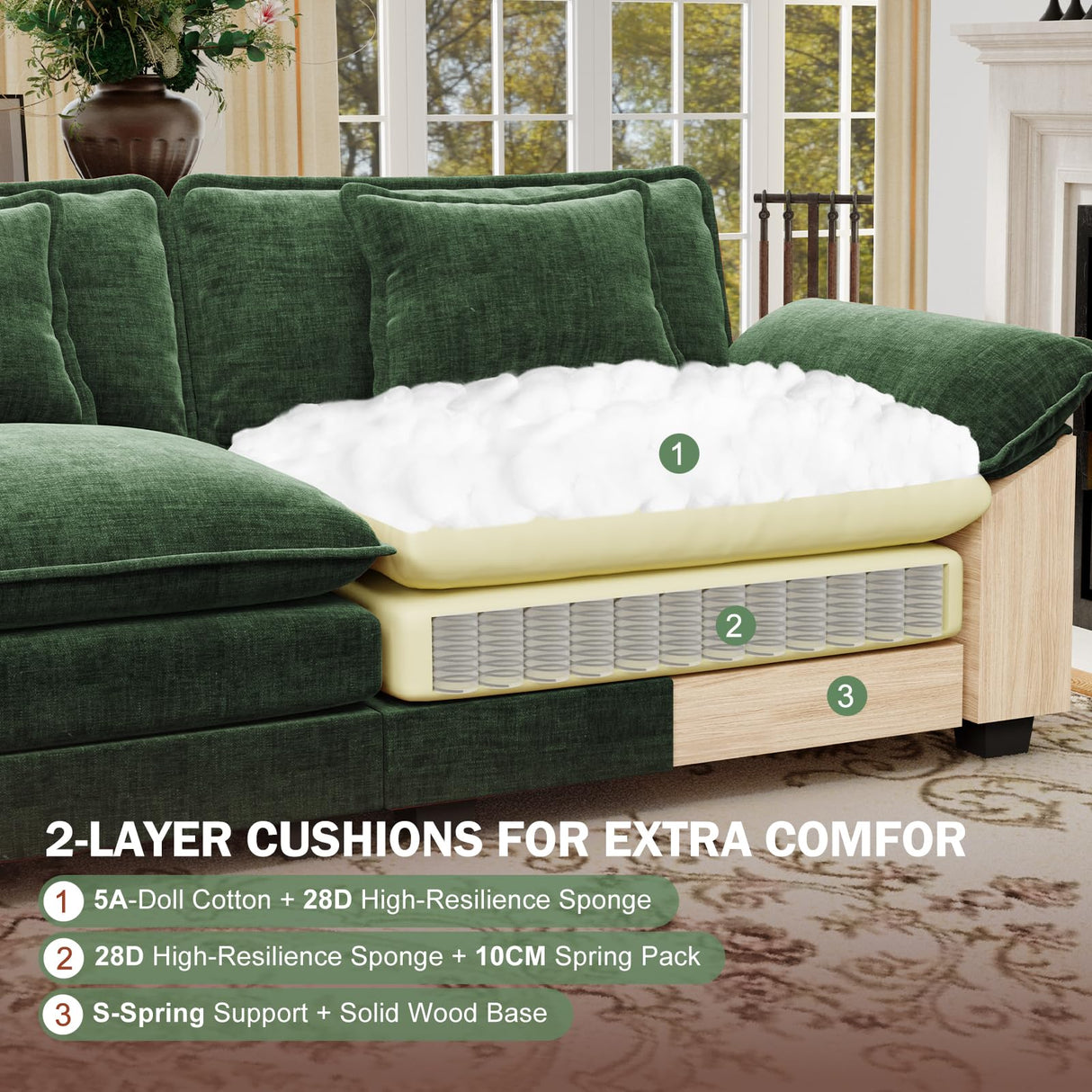 CDCASA 154" Oversized Modular Sectional Sofa, Comfy U-Shaped Cloud Couch w/ 3 Movable Ottoman, 7-Seater Chenille Deep Seat Modern Sofa Couch for Living Room, DIY Combination, Green CDCASA