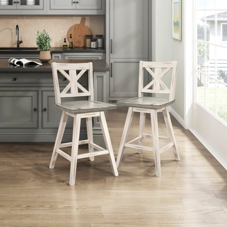 Lexicon Swivel Counter Height Bar Stools-Set-of-2, Modern Solid Wood Kitchen Stools Counter Height, High Back, Swivel Seat, Footrest for Kitchen Island, Easy Assembly, X-Back, 24" SH, White Lexicon