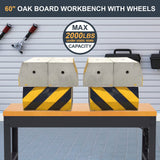 AHB 60" Rolling Workbench Adjustable Height, Oak Wood Work Table with Power Outlets, Max 2000 LBS, Heavy Duty Work Bench for Garage Office Home, with Wheels & Feet(Black 60"x 22") AHB